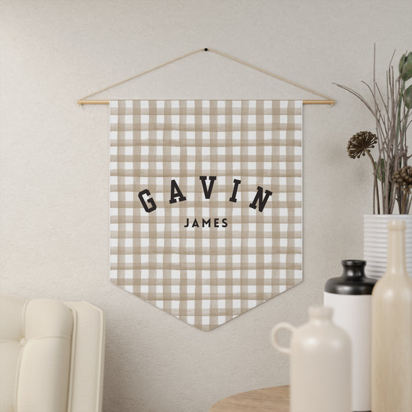 Custom Baby Pennant Banner in Black/Beige & White Gingham | Custom Name Nursery Pennant Banner