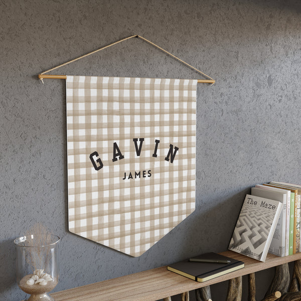 Custom Baby Pennant Banner in Black/Beige & White Gingham | Custom Name Nursery Pennant Banner