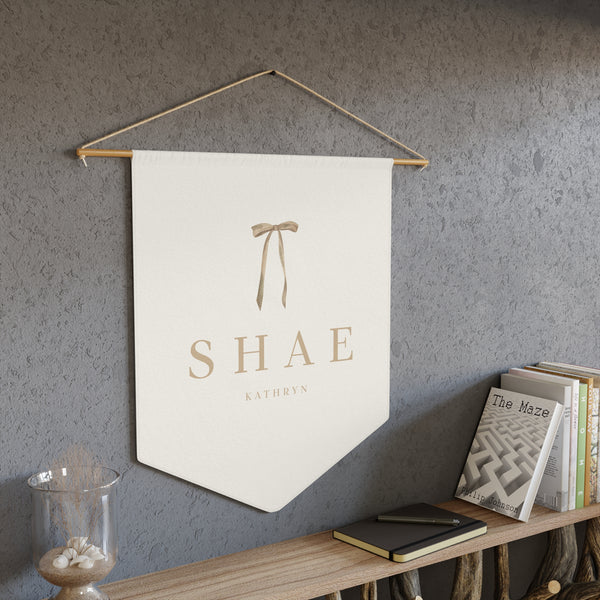 Custom Baby Girl Pennant Banner in Cream/Tan Baby Bow & Font | Vintage Custom Name Nursery Pennant Banner