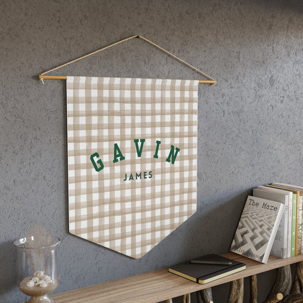 Custom Baby Pennant Banner in Green/Beige & White Gingham | Custom Name Nursery Pennant Banner
