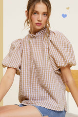 Gingham Check Print Puff Sleeve Top