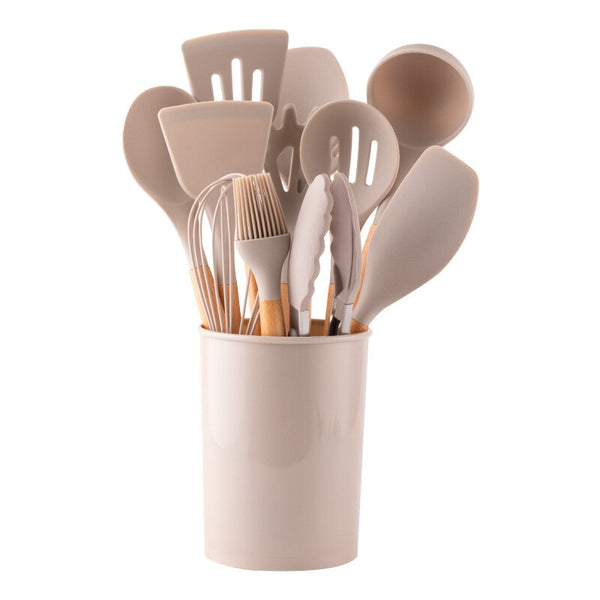 Khaki Kitchen Tools 12 Piece Silicone Spatula with Storage Bucket Wooden Handle Silicone Kitchen Set Cooking Kitchen Accessories