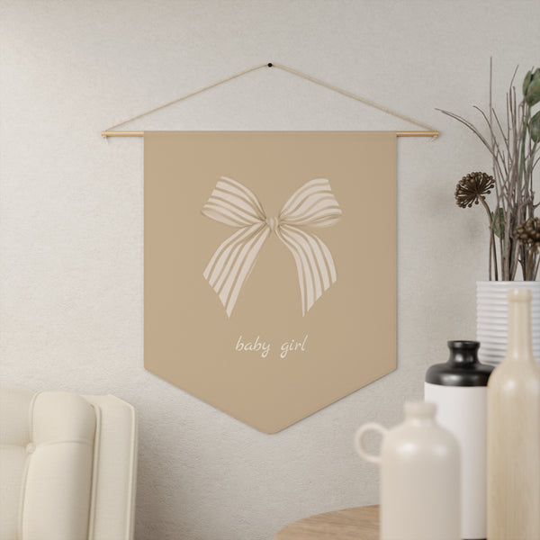 Custom Baby Girl Pennant Banner in Tan/Cream/Blush baby girl + Bow  | Custom Name Nursery Pennant Banner