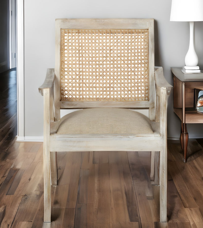 28" Cream and Natural Fabric Distressed Arm Chair-1