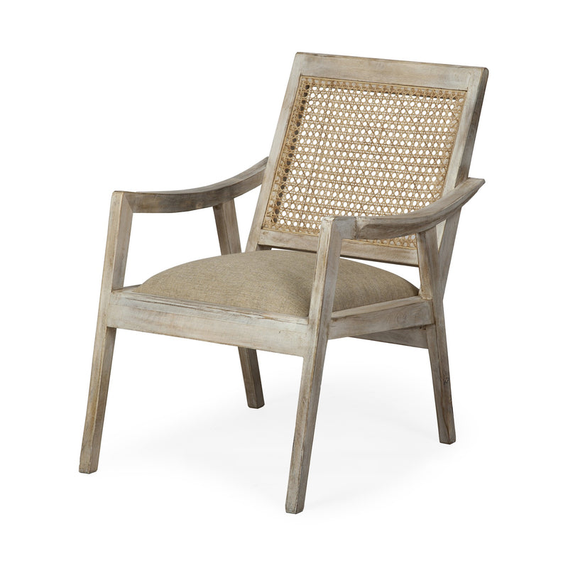 28" Cream and Natural Fabric Distressed Arm Chair-4