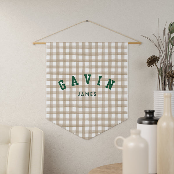 Custom Baby Pennant Banner in Green/Beige & White Gingham | Custom Name Nursery Pennant Banner