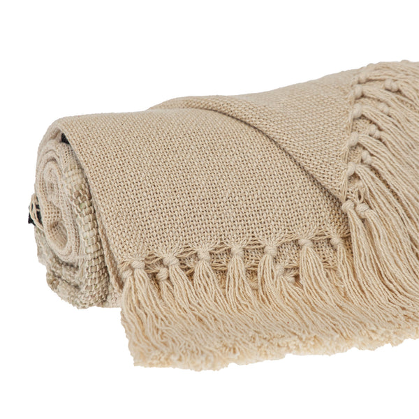 Beige Woven Cotton Abstract Throw Blanket-0
