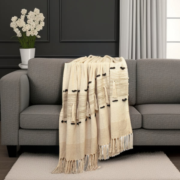 Beige Woven Cotton Abstract Throw Blanket-1