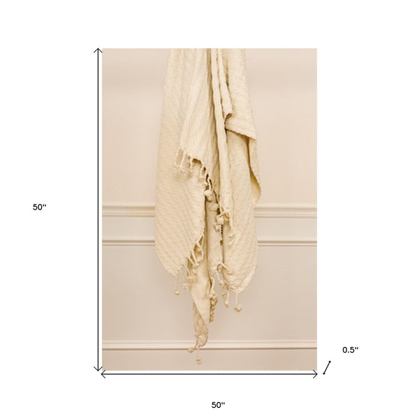 Ivory Knitted 100% Cotton Throw Blanket-5