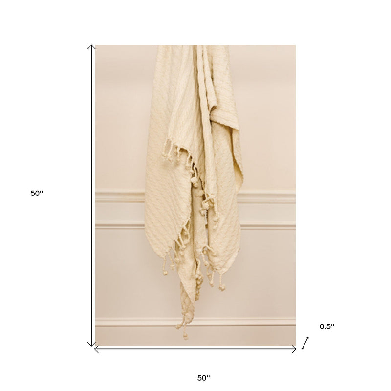 Ivory Knitted 100% Cotton Throw Blanket-5