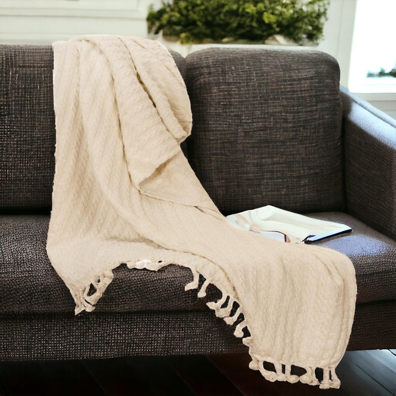 Ivory Knitted 100% Cotton Throw Blanket-1