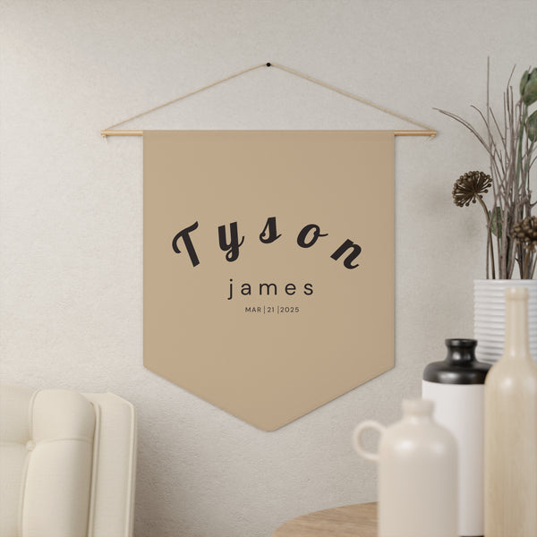 Custom Baby Pennant Banner in Tan/Black Font Curvey | Custom Name Nursery Pennant Banner