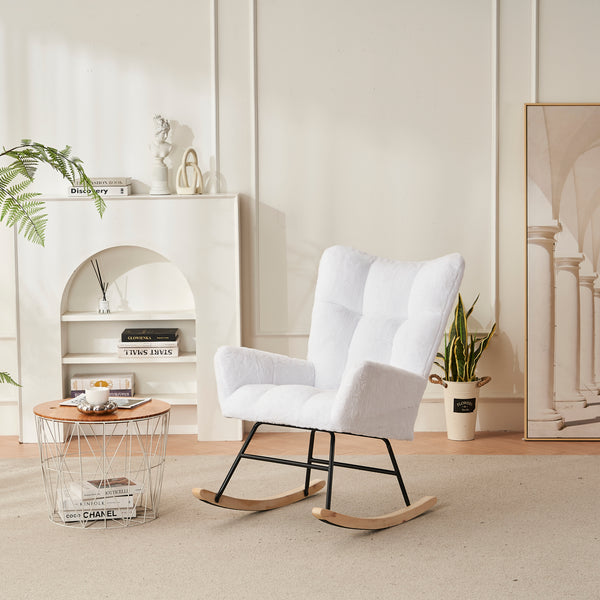 Rocking Chair Nursery, Solid Wood Legs Reading Chair with Faux Fur Upholstered , Nap Armchair for Living Rooms, Bedrooms, Offices, Best Gift,White Faux Fur