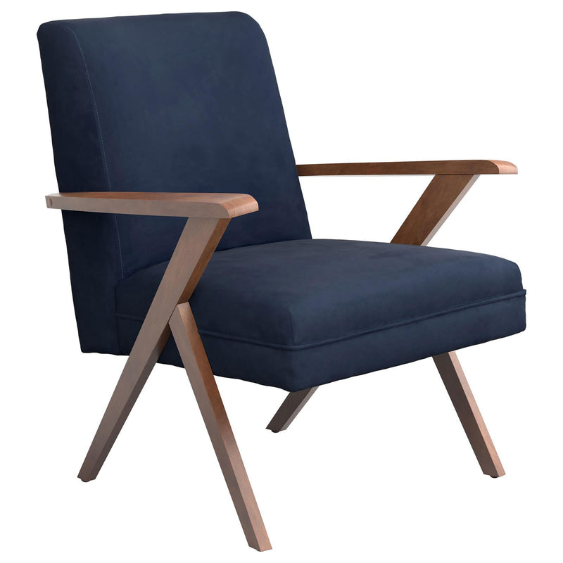 Dark Blue and Walnut Wooden Arms Accent Chair