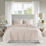 Full/Queen Size 3 Piece Reversible Scalloped Edges Microfiber Quilt Set in Blush-2