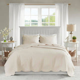 King Size 3 Piece Reversible Scalloped Edges Microfiber Quilt Set in Cream-0