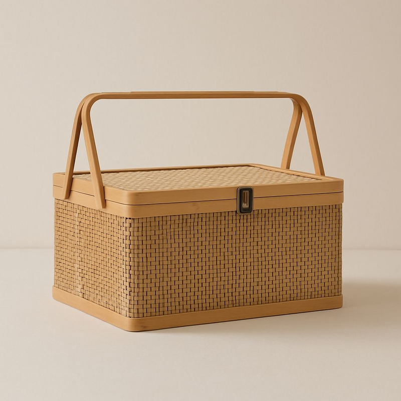 Woven Storage Basket with Locking Lid for Picnic
