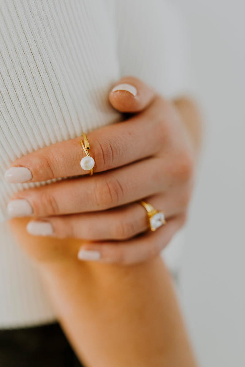 14K Gold Filled White Pearl Wrap Open Band Minimalist Ring in Silver & Gold