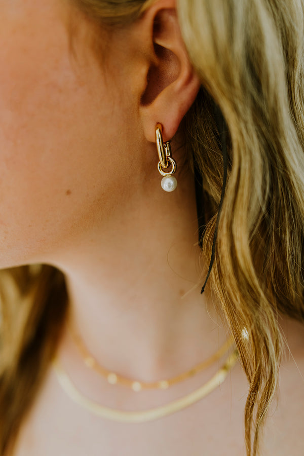 Gold Filled Boxy J-Shaped Round Pearl Hoop Earrings