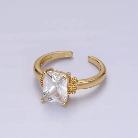 14K Gold Filled Clear Baguette Dotted Band Solitaire Ring