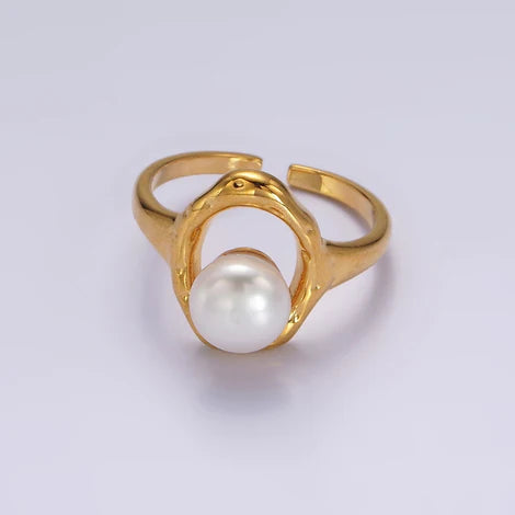14K Gold Filled White Pearl Open Oblong Ring in Gold & Silver