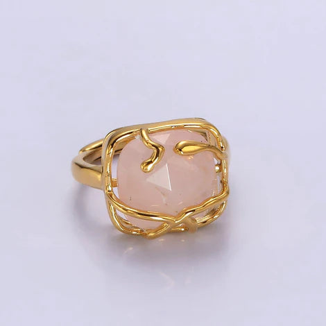16K Gold Filled Rose Quartz, Labradorite Gemstone Molten Drip Ring