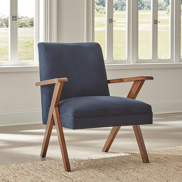 Dark Blue and Walnut Wooden Arms Accent Chair