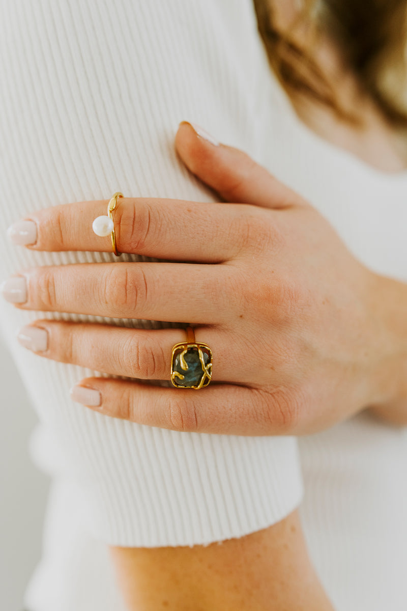 16K Gold Filled Rose Quartz, Labradorite Gemstone Molten Drip Ring