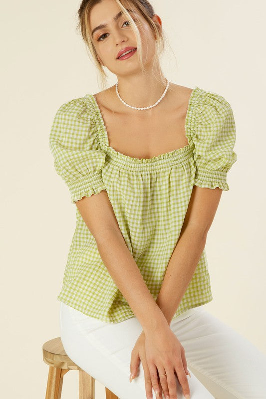 Smocked blouse with puff sleeve