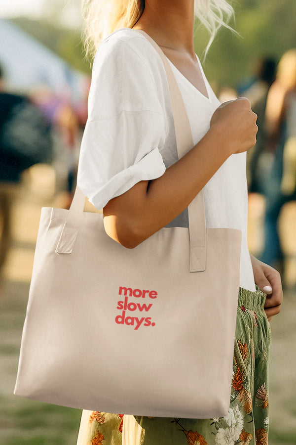 More Slow Days in Red Organic Canvas Tote Bag - Minimalist Eco-Friendly Tote for Everyday Use
