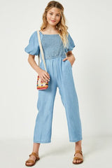 Girls Smocked Denim Jumpsuit