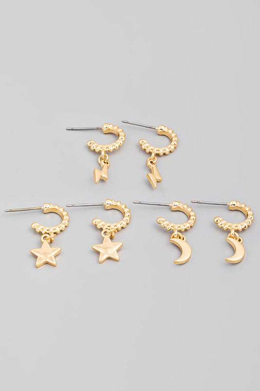 Three Pair Mini Lightning Star Moon Hoop Earrings