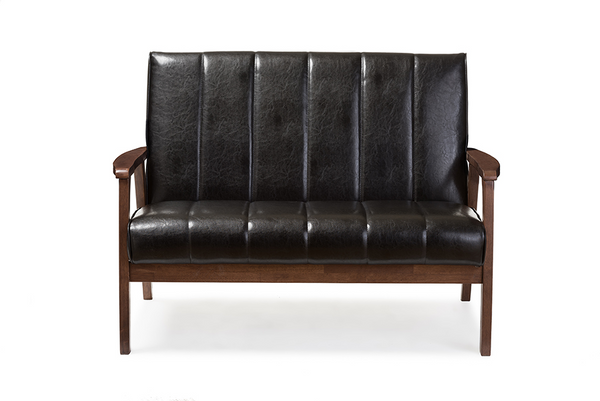 Nikko Mid-century Modern Scandinavian Style Black Faux Leather Wooden 2-Seater Loveseat