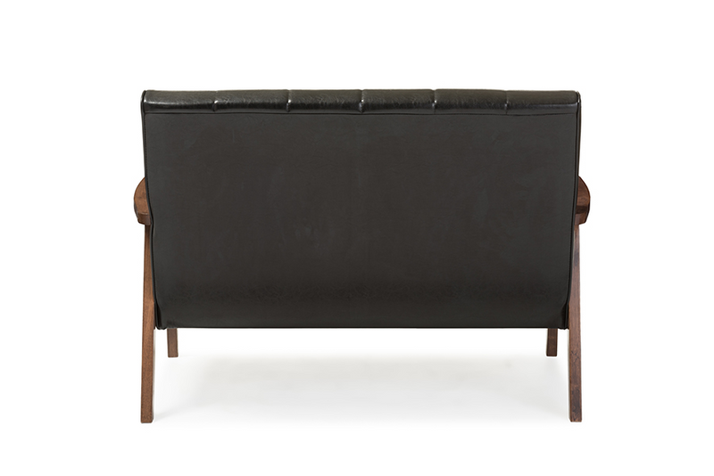 Nikko Mid-century Modern Scandinavian Style Black Faux Leather Wooden 2-Seater Loveseat