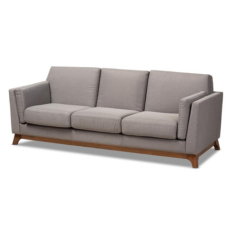 Sava Mid-Century Modern Grey Fabric Upholstered Walnut Wood 3-Seater Sofa