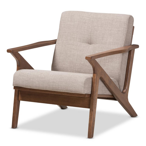 Bianca Mid-Century Modern Walnut Wood Light Grey Fabric Tufted Lounge Chair