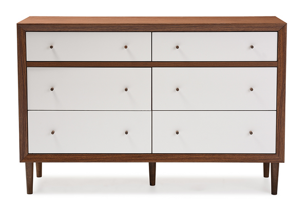 Harlow Mid-century Modern Scandinavian Style White and Walnut Wood 6-drawer Storage Dresser "Walnut" Brown/White