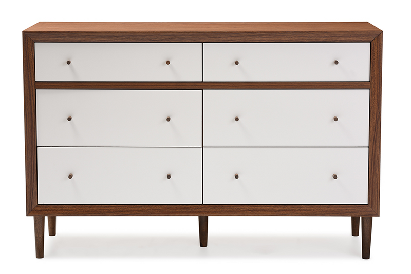 Harlow Mid-century Modern Scandinavian Style White and Walnut Wood 6-drawer Storage Dresser "Walnut" Brown/White