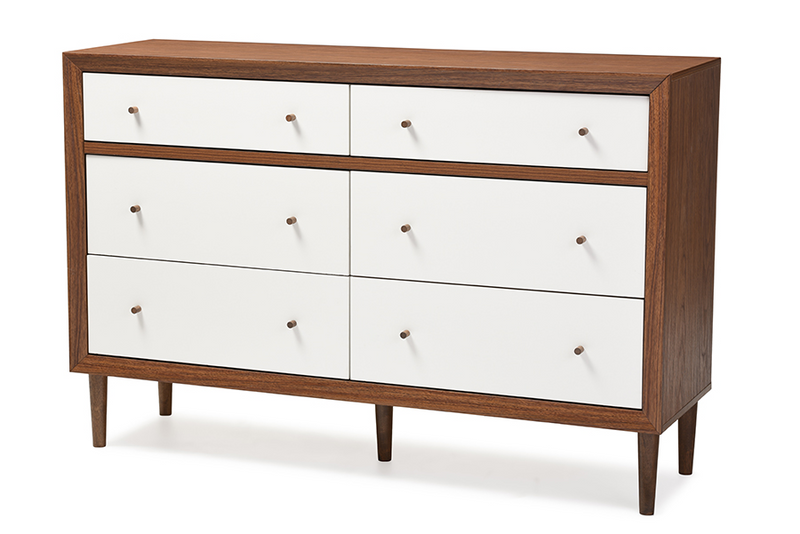 Harlow Mid-century Modern Scandinavian Style White and Walnut Wood 6-drawer Storage Dresser "Walnut" Brown/White