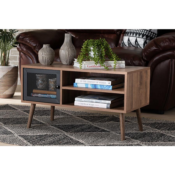 Baxton Studio Yuna Mid-Century Modern Transitional Natural Brown Finished Wood and Black Metal 1-Door Coffee Table