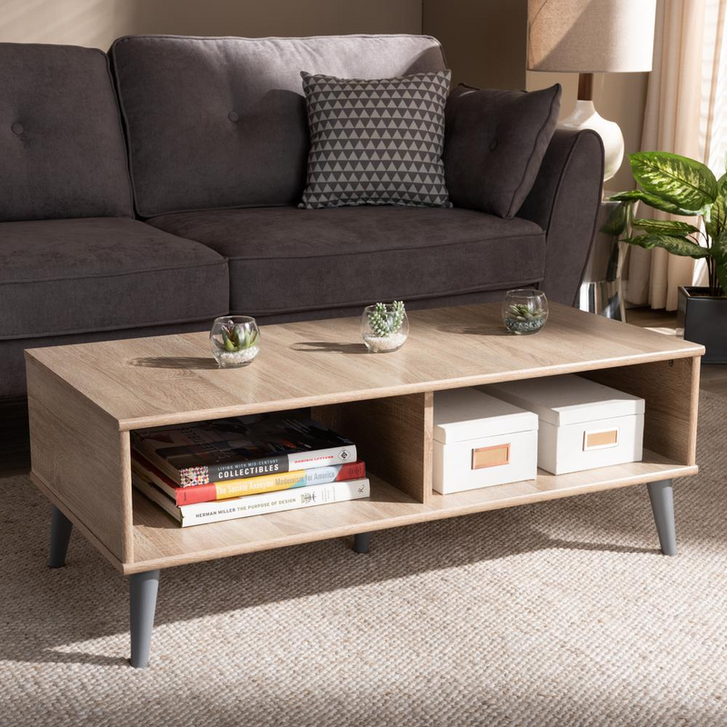 Pierre Mid-Century Modern Oak and Light Grey Finished Wood Coffee Table