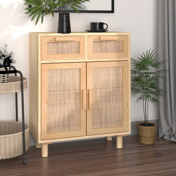 vidaXL Sideboard Brown 23.6"x11.8"x29.5" Solid Wood Pine and Natural Rattan