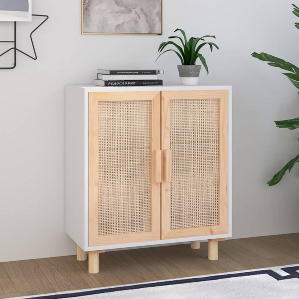 vidaXL Sideboard White 23.6"x11.8"x27.6" Solid Wood Pine and Natural Rattan