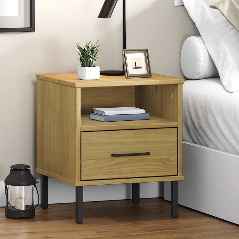 vidaXL Bedside Cabinet with Metal Legs Brown Solid Wood Pine OSLO