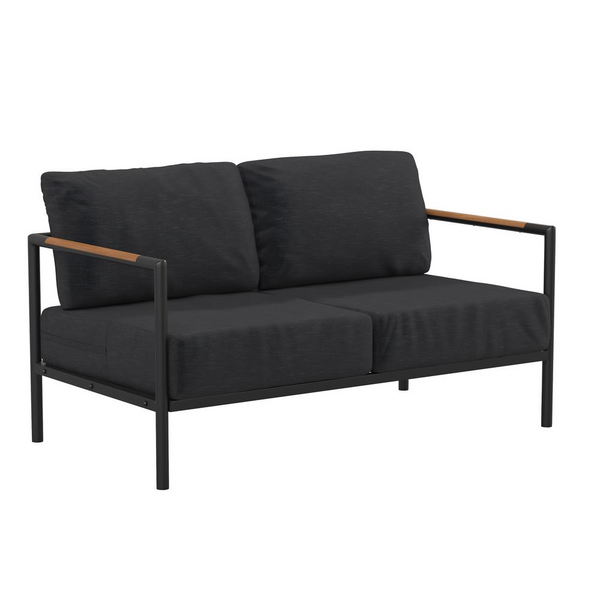 Indoor/Outdoor Patio Loveseat with Cushions - Modern Aluminum Framed Loveseat with Teak Accent Arms, Black with Charcoal Cushions