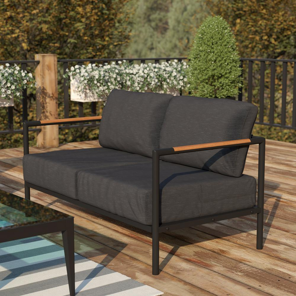 Indoor/Outdoor Patio Loveseat with Cushions - Modern Aluminum Framed Loveseat with Teak Accent Arms, Black with Charcoal Cushions