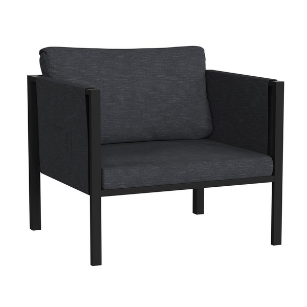 Indoor/Outdoor Patio Chair with Cushions - Modern Steel Framed Chair with Storage Pockets, Black with Charcoal Cushions