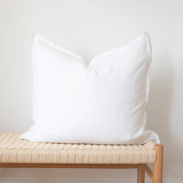Square Fringed Linen Pillow COVER - White