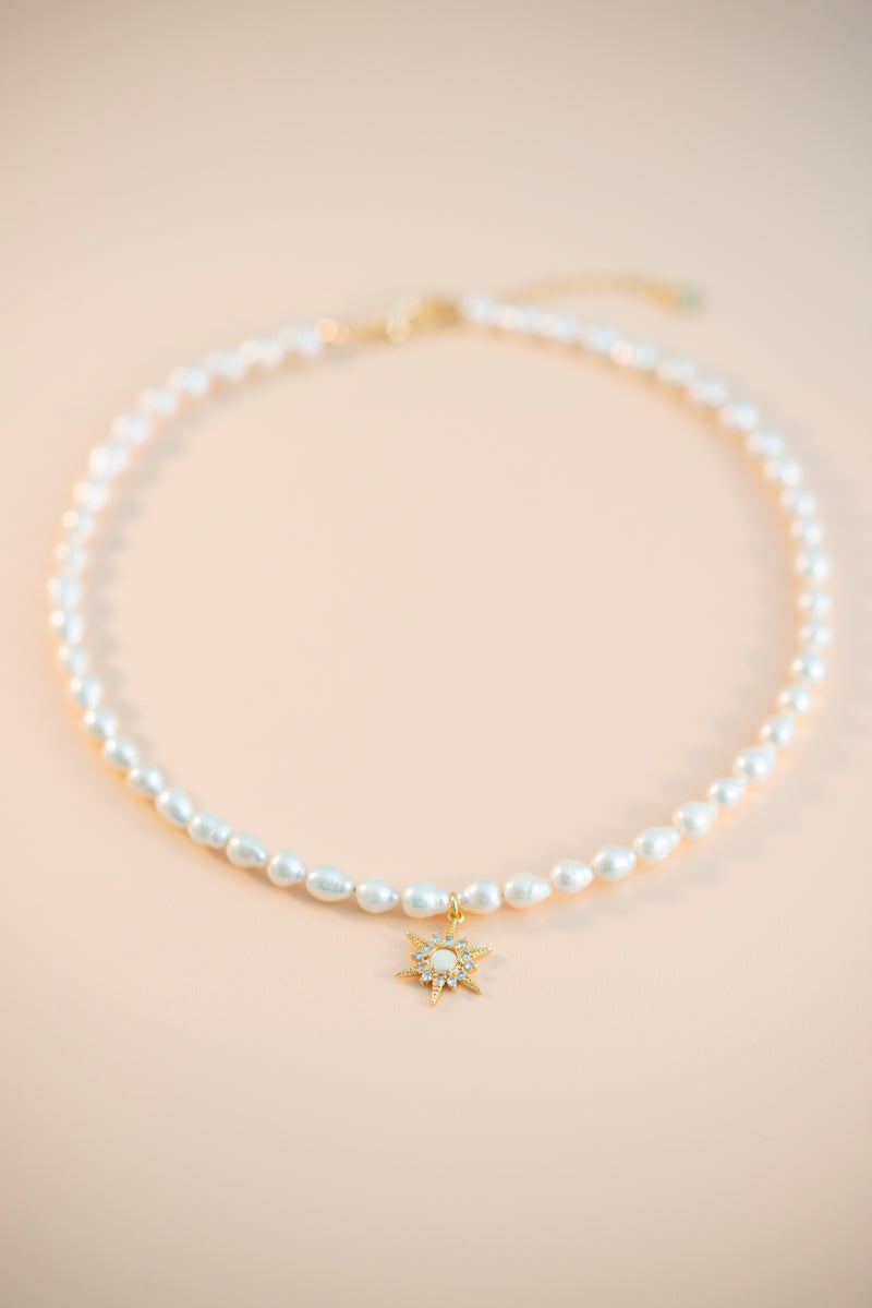 Freshwater Pearl Necklace with Gold Filled Starburst Pendant