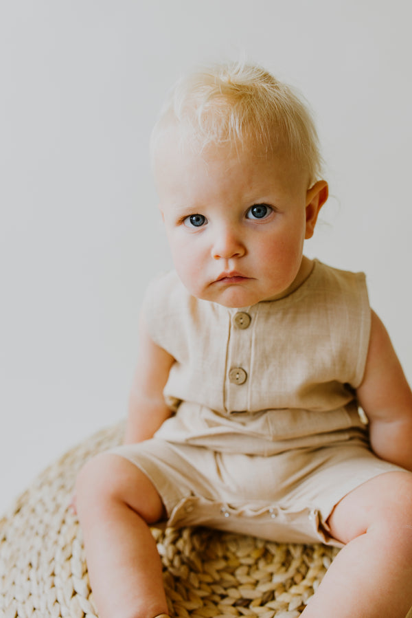 Oatmeal Cropped Linen Baby Romper